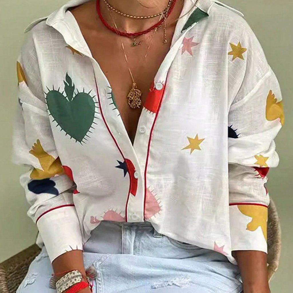 White Boho Women's Oversized Stand-Up Collar Love Hearts Stars Blouse